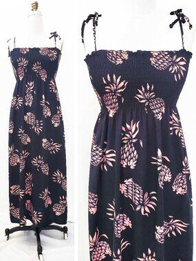 Avanti Womens Hawaiian Vintage Style Sun Dress Rayon Black Pink Pineapple Print